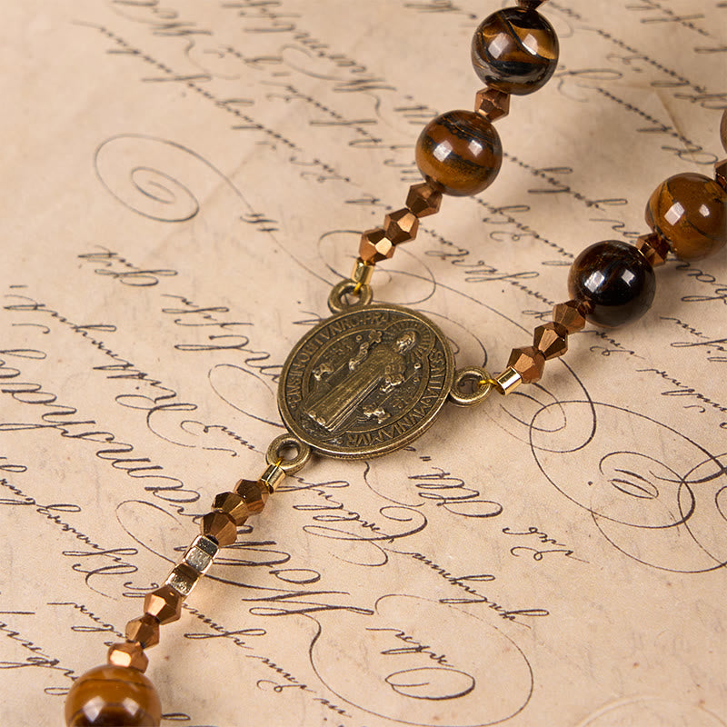 Christianartworkshop St. Benedict Medal & Crucifix of 8 mm Round Brown Tiger's Eye Alloy Chain Rosary