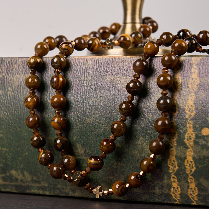 Christianartworkshop St. Benedict Medal & Crucifix of 8 mm Round Brown Tiger's Eye Alloy Chain Rosary