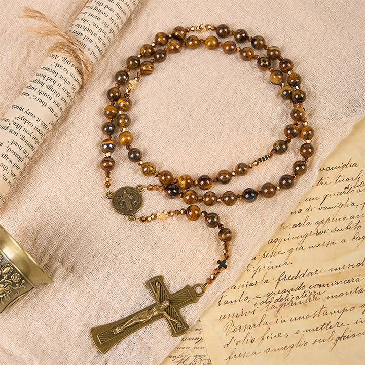 Christianartworkshop St. Benedict Medal & Crucifix of 8 mm Round Brown Tiger's Eye Alloy Chain Rosary