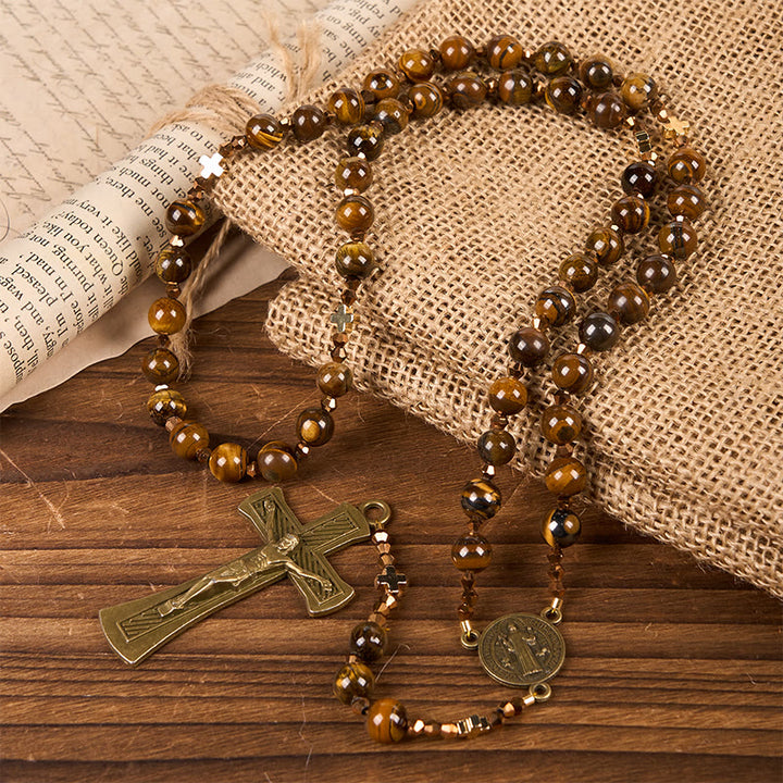 Christianartworkshop St. Benedict Medal & Crucifix of 8 mm Round Brown Tiger's Eye Alloy Chain Rosary