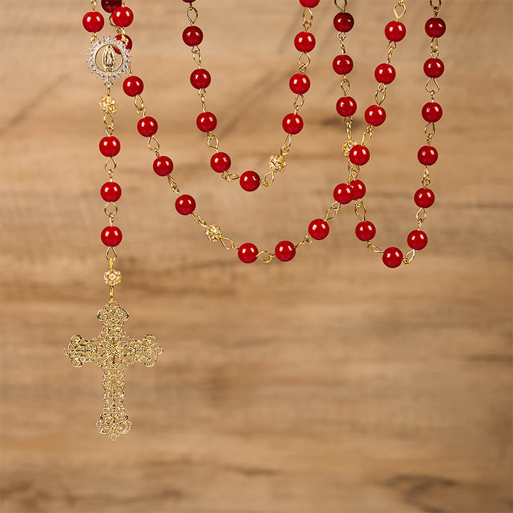 FREE Today: Our Lady of Guadalupe & Cross of 8 mm Round Red Glass Alloy Chain Rosary