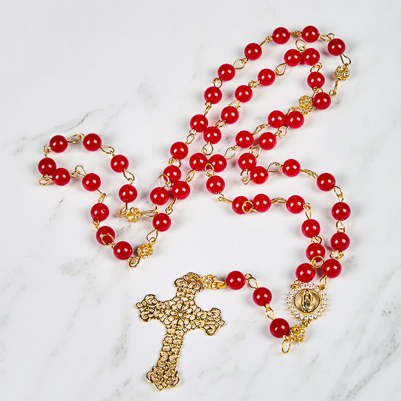 FREE Today: Our Lady of Guadalupe & Cross of 8 mm Round Red Glass Alloy Chain Rosary