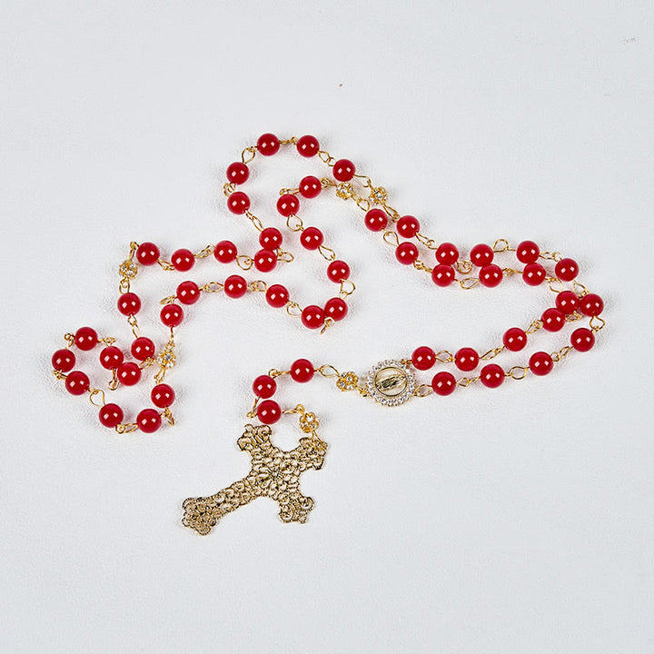 FREE Today: Our Lady of Guadalupe & Cross of 8 mm Round Red Glass Alloy Chain Rosary