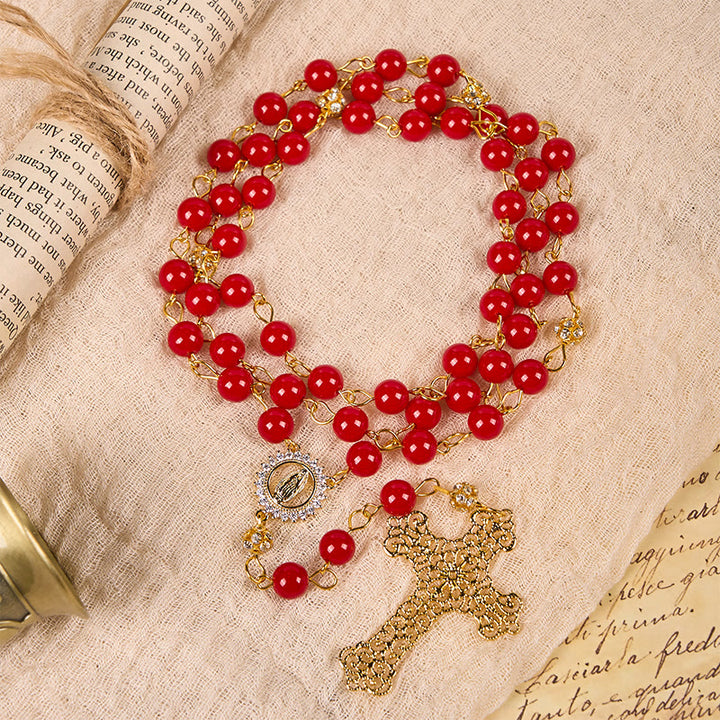 FREE Today: Our Lady of Guadalupe & Cross of 8 mm Round Red Glass Alloy Chain Rosary