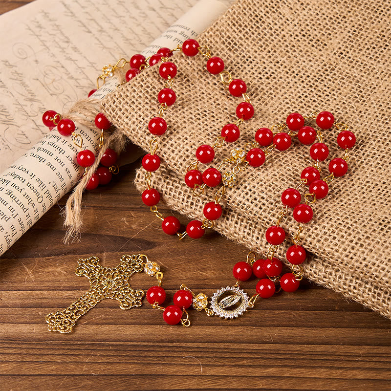 FREE Today: Our Lady of Guadalupe & Cross of 8 mm Round Red Glass Alloy Chain Rosary