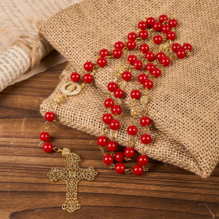 FREE Today: Our Lady of Guadalupe & Cross of 8 mm Round Red Glass Alloy Chain Rosary