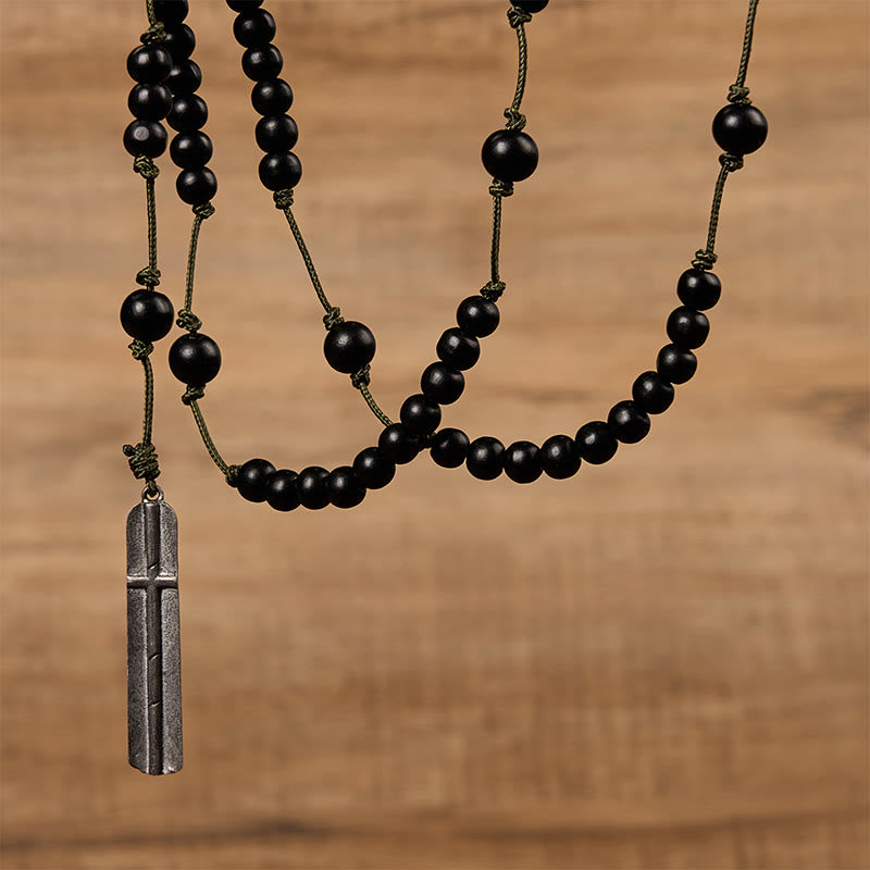 FREE Today: Rustic-Contemporary Cross of 8 mm Round Natural Wood Beads Rope Weaving Chain Rosary - image 4