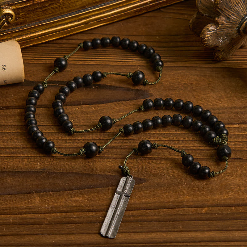 FREE Today: Rustic-Contemporary Cross of 8 mm Round Natural Wood Beads Rope Weaving Chain Rosary