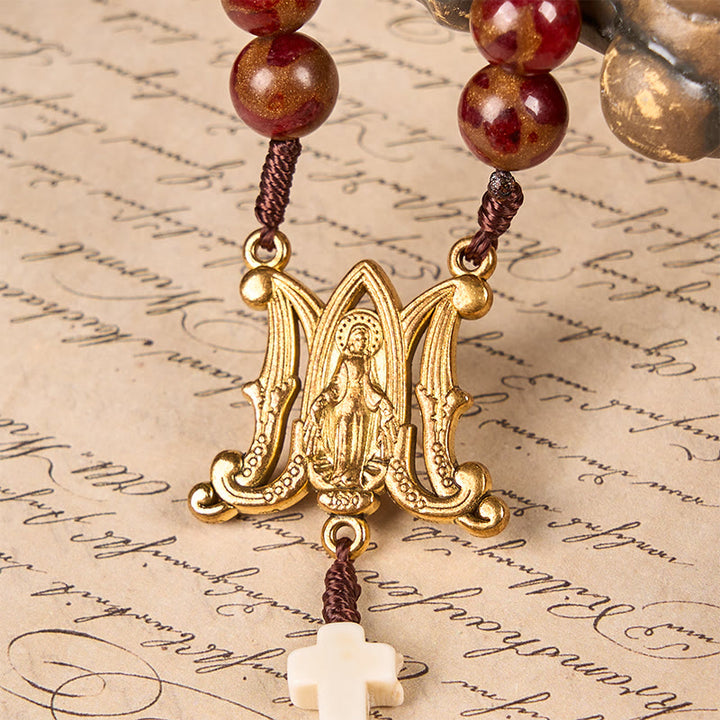 Christianartworkshop Virgin Mary & Crucifix 8mm Red Gold Stone & Cross White Turquoise Handcrafted Rosary