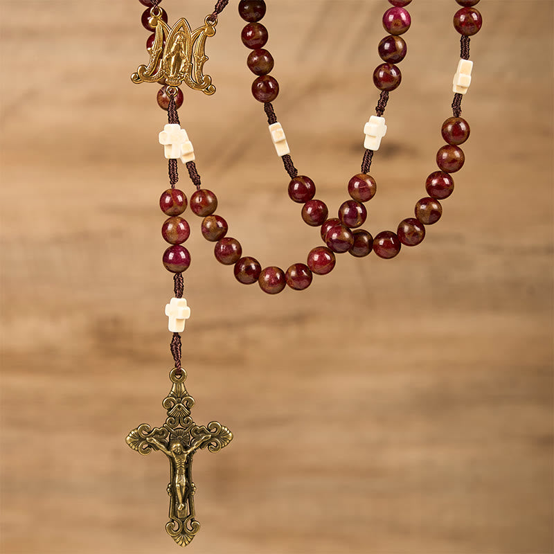 Christianartworkshop Virgin Mary & Crucifix 8mm Red Gold Stone & Cross White Turquoise Handcrafted Rosary