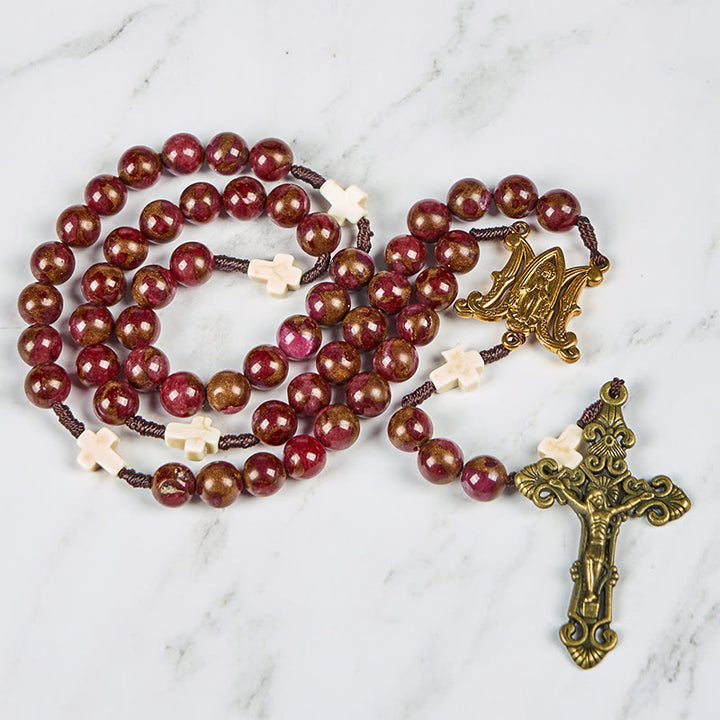 Christianartworkshop Virgin Mary & Crucifix 8mm Red Gold Stone & Cross White Turquoise Handcrafted Rosary