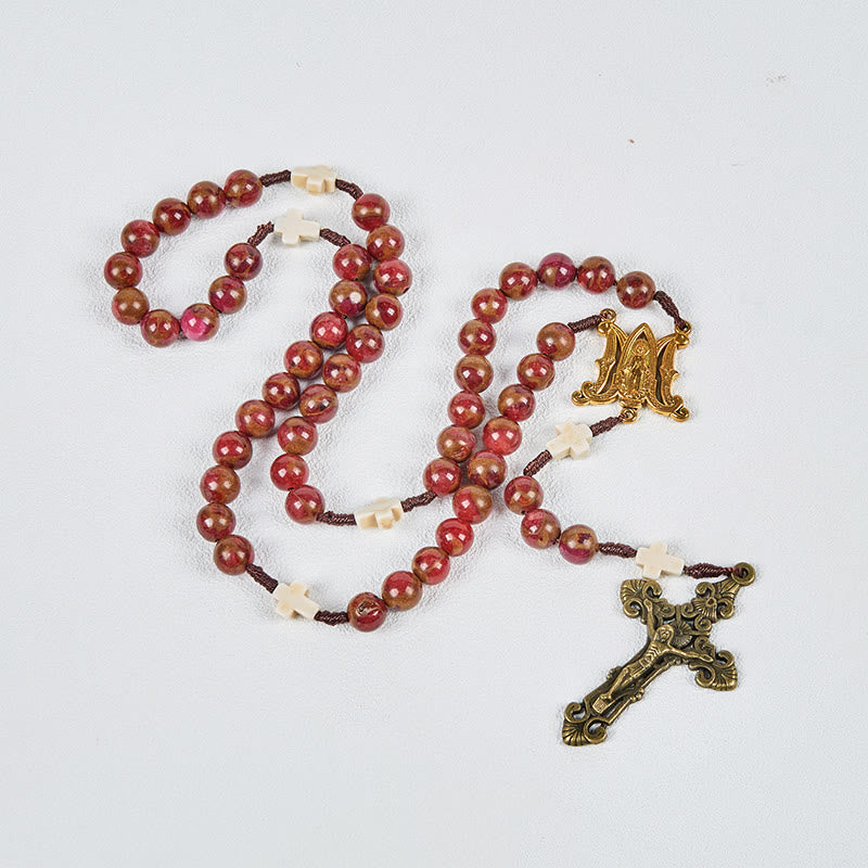 Christianartworkshop Virgin Mary & Crucifix 8mm Red Gold Stone & Cross White Turquoise Handcrafted Rosary