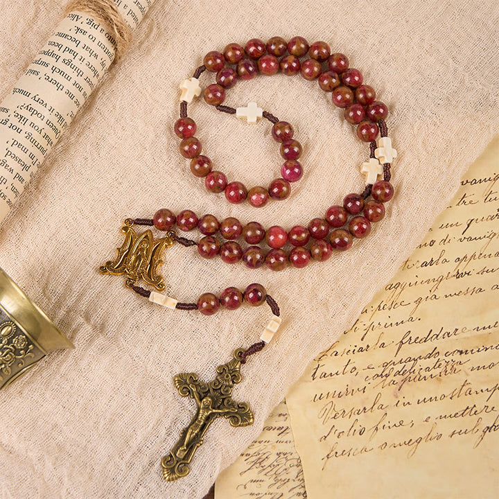 Christianartworkshop Virgin Mary & Crucifix 8mm Red Gold Stone & Cross White Turquoise Handcrafted Rosary