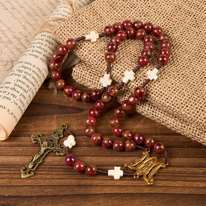 Christianartworkshop Virgin Mary & Crucifix 8mm Red Gold Stone & Cross White Turquoise Handcrafted Rosary