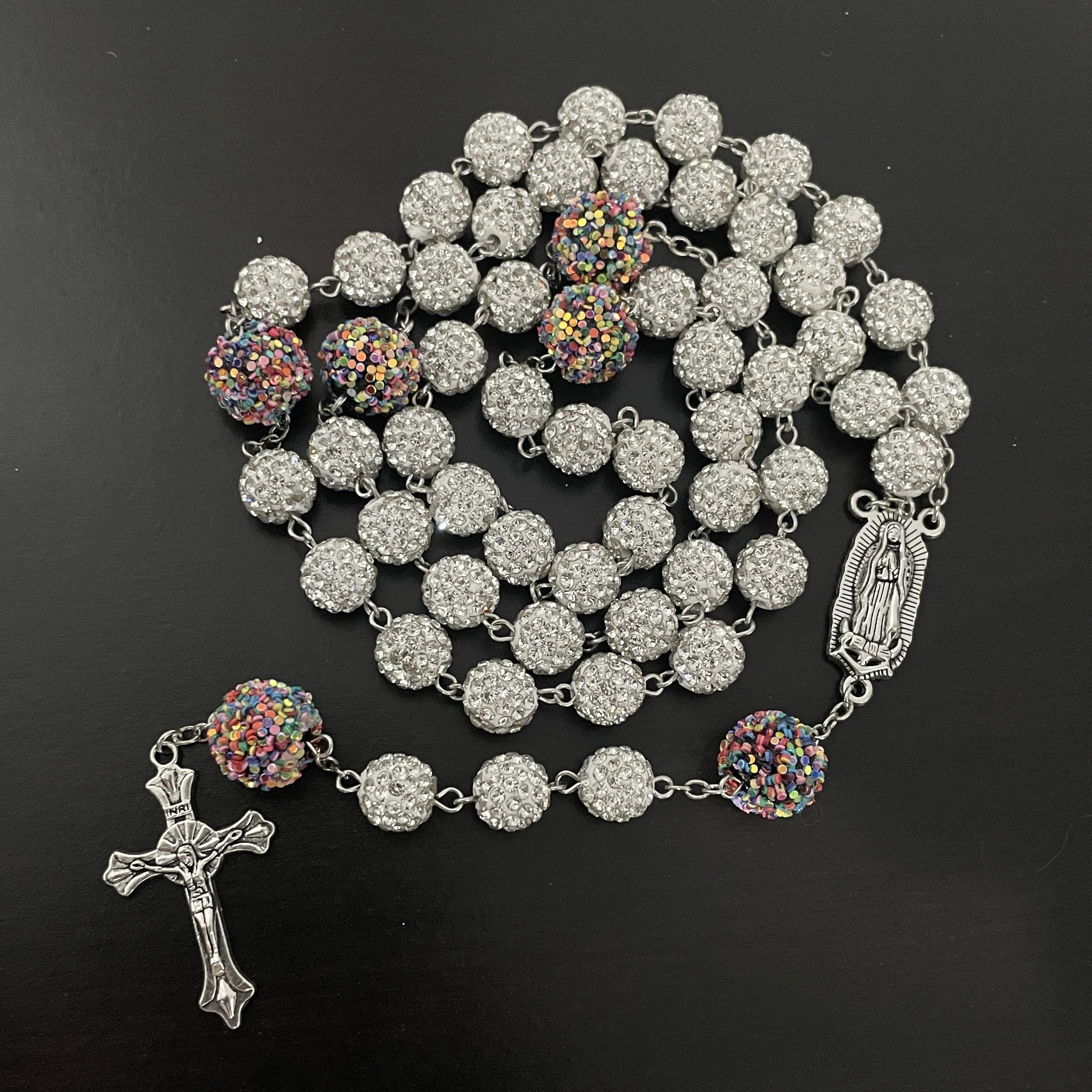 Our Lady of Guadalupe Rhinestone Rosary - 10mm White Crystal Beads