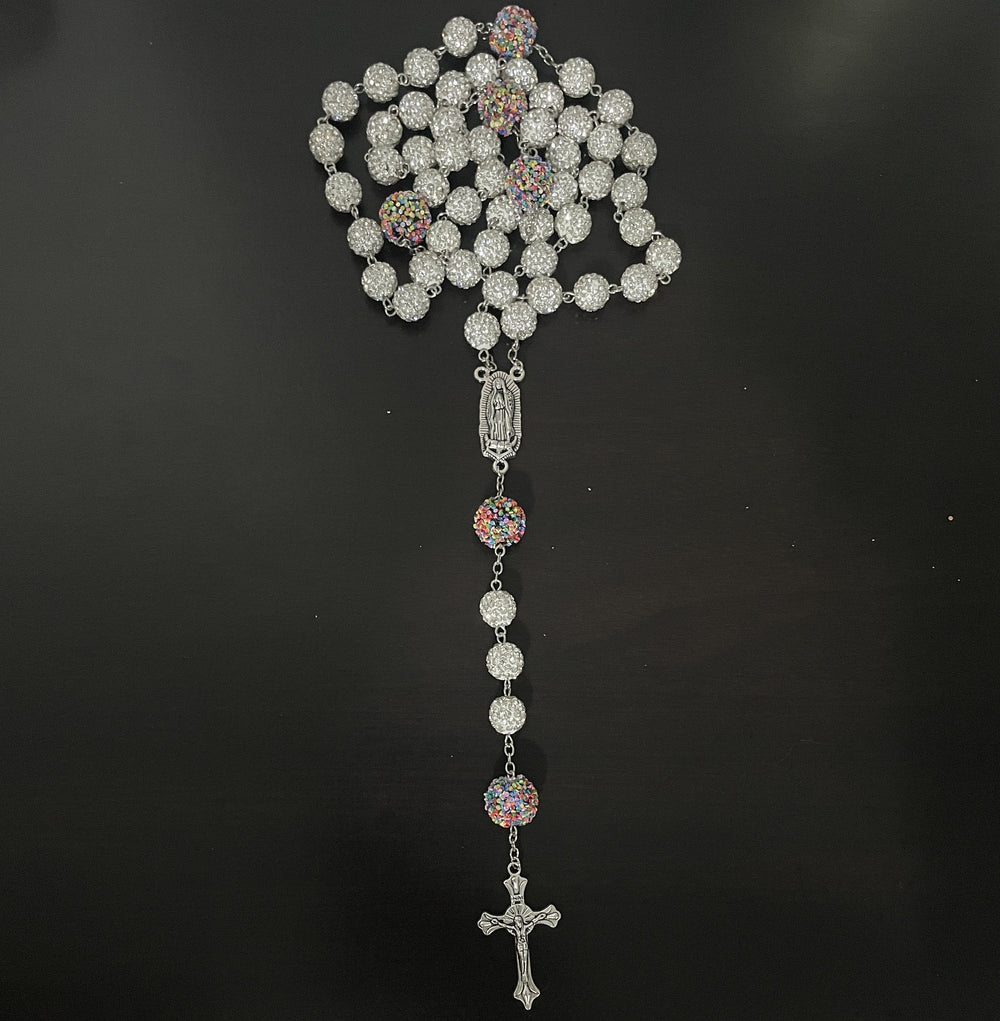 Christianartworkshop Our Lady of Guadalupe & Crucifix of 10mm Round White Rhinestone Alloy Chain Rosary - image 1