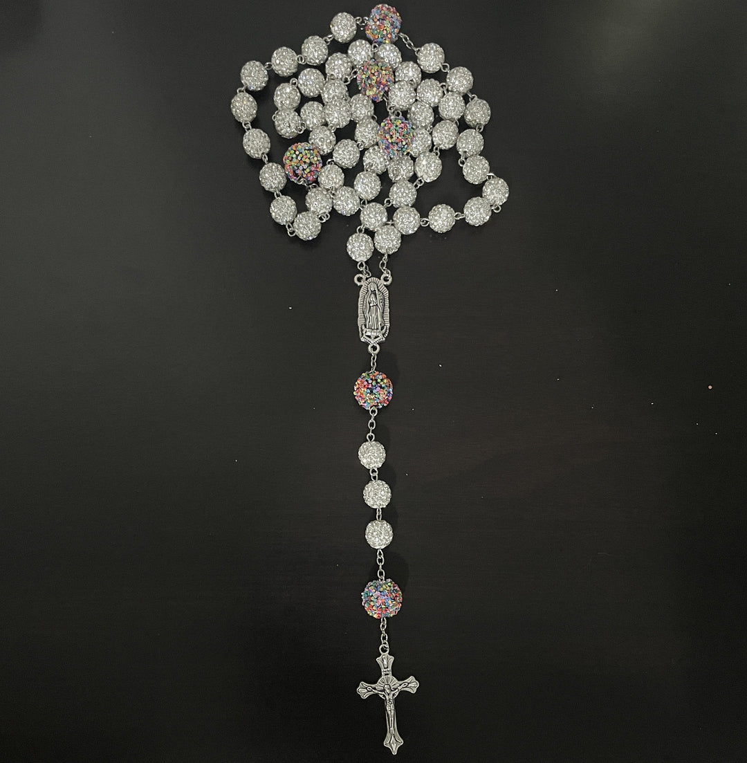 Christianartworkshop Our Lady of Guadalupe & Crucifix of 10mm Round White Rhinestone Alloy Chain Rosary - image 1