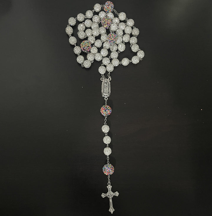Christianartworkshop Our Lady of Guadalupe & Crucifix of 10mm Round White Rhinestone Alloy Chain Rosary - image 1