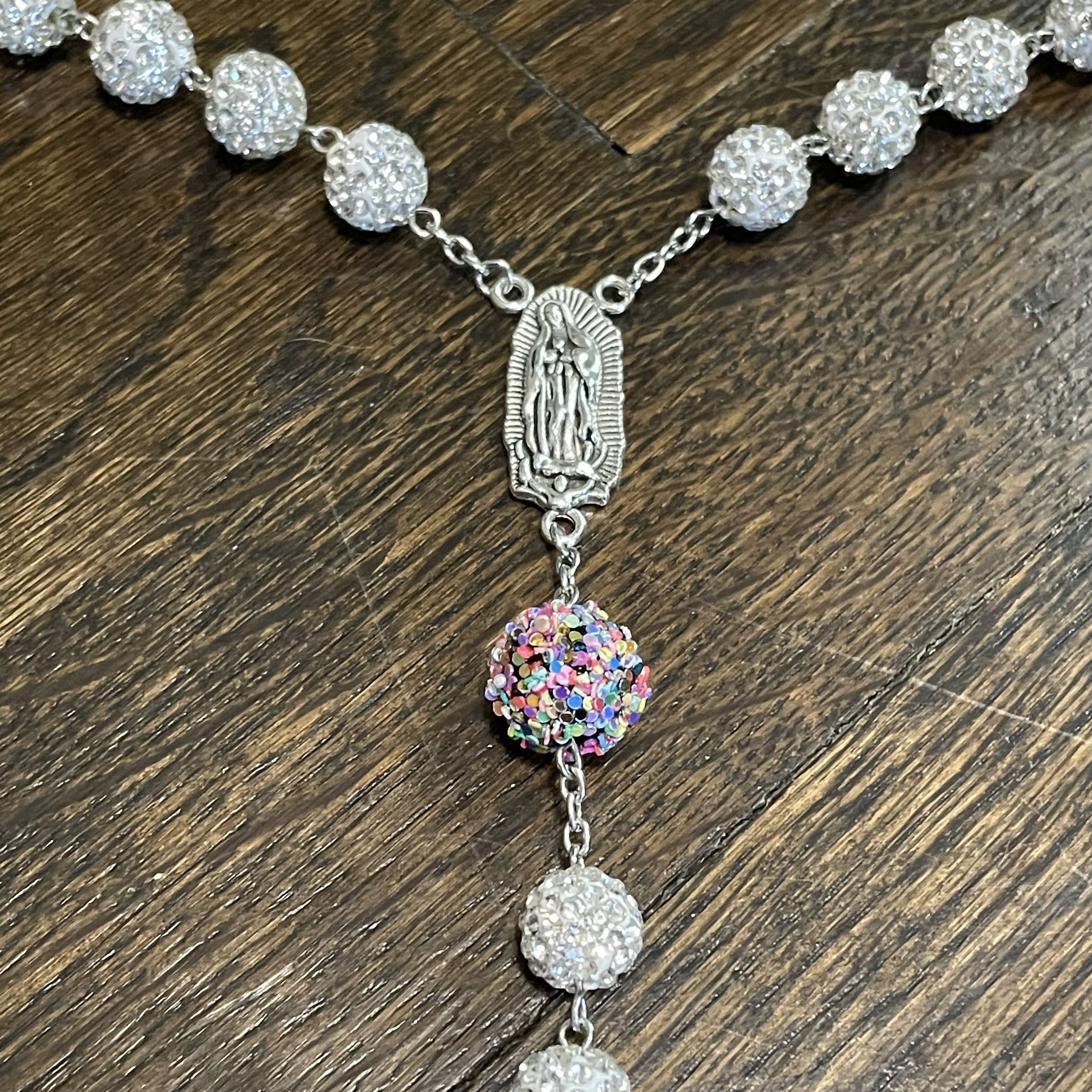 Our Lady of Guadalupe Rhinestone Rosary - 10mm White Crystal Beads