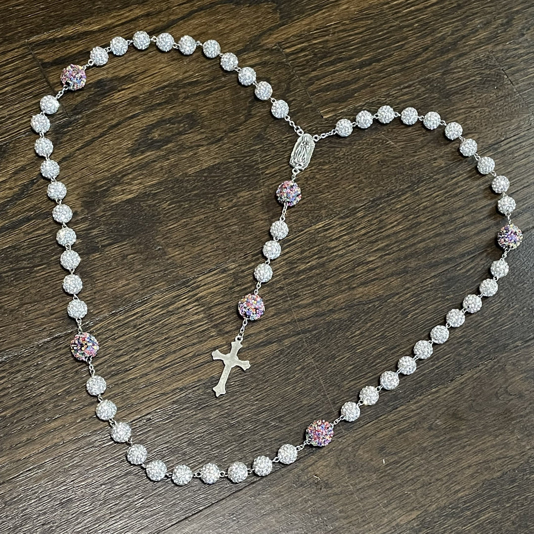 Christianartworkshop Our Lady of Guadalupe & Crucifix of 10mm Round White Rhinestone Alloy Chain Rosary - image 2