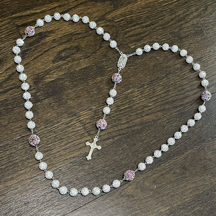 Christianartworkshop Our Lady of Guadalupe & Crucifix of 10mm Round White Rhinestone Alloy Chain Rosary - image 2