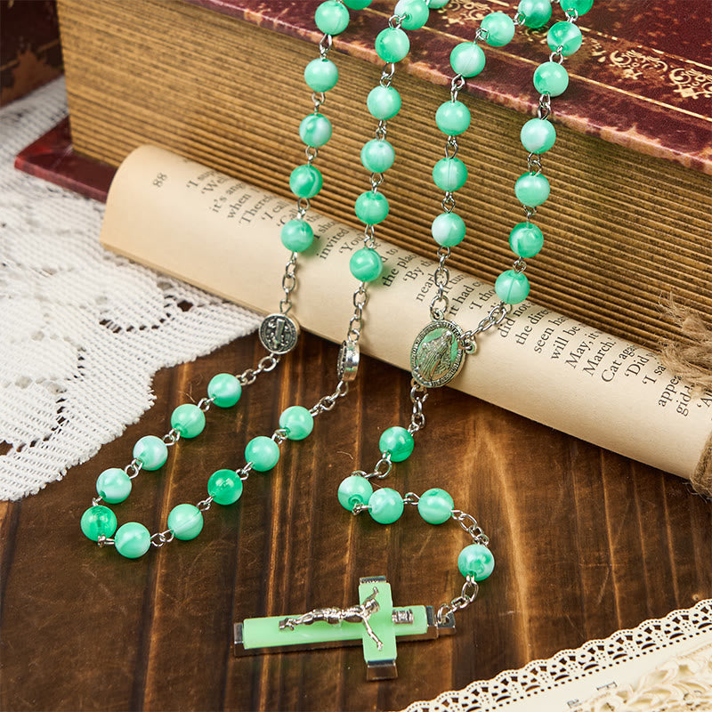 Christianartworkshop Miraculous Medal & Crucifix of 8mm Luminous Bead Rosary for Night Praying