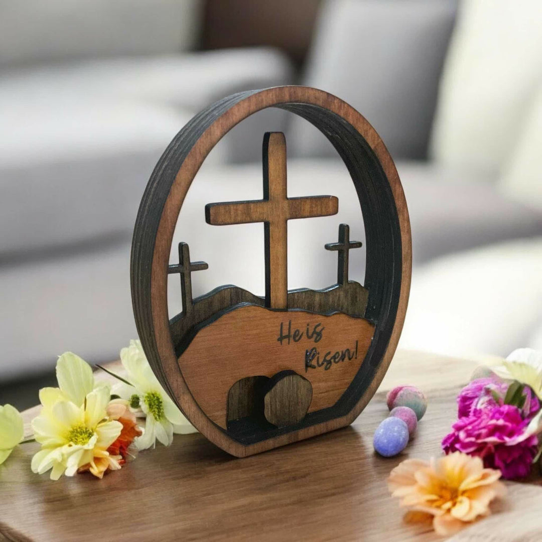 Christianartworkshop He is Risen Wooden Tabletop Easter Ornament - Celebrate the Resurrection