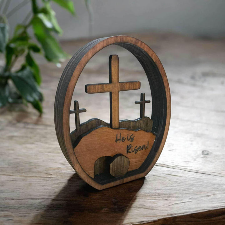 Christianartworkshop He is Risen Wooden Tabletop Easter Ornament - Celebrate the Resurrection