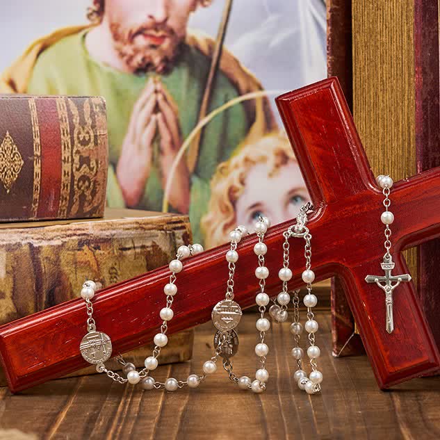 Christianartworkshop Crucifix & Our Lady of 8mm Pearl Prayer Beads Rosary (3 Colors)
