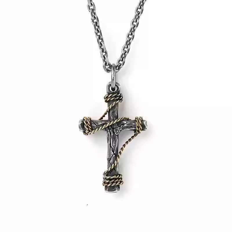 Christianartworkshop Exquisite 925 Sterling Silver and Brass Rope Forged Cross Necklace