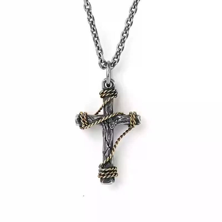 Christianartworkshop Exquisite 925 Sterling Silver and Brass Rope Forged Cross Necklace