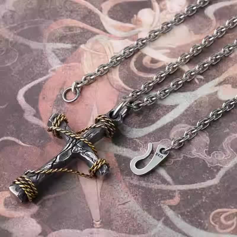 Christianartworkshop Exquisite 925 Sterling Silver and Brass Rope Forged Cross Necklace