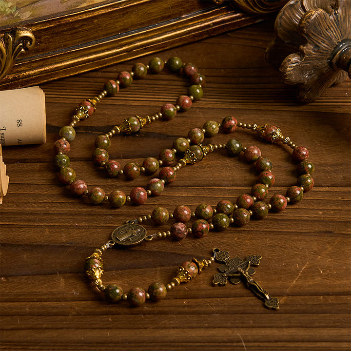 Christianartworkshop St. Benedict & Crucifix of 8mm Chrysocolla Stone Rosary - Exclusive Crafted for Holy Prayer