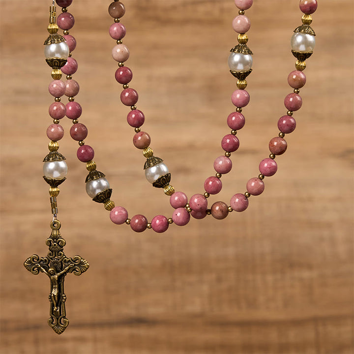 Christianartworkshop Miraculous Medal & Crucifix of 8mm Natural Red Wood Vein Stone Rosary Beads