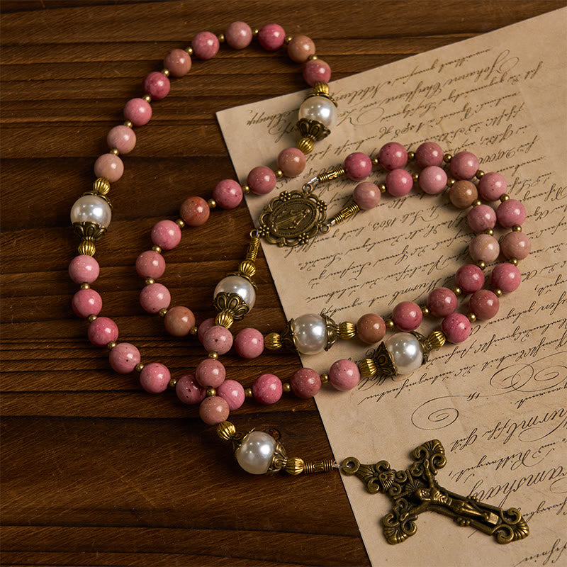 Christianartworkshop Miraculous Medal & Crucifix of 8mm Natural Red Wood Vein Stone Rosary Beads