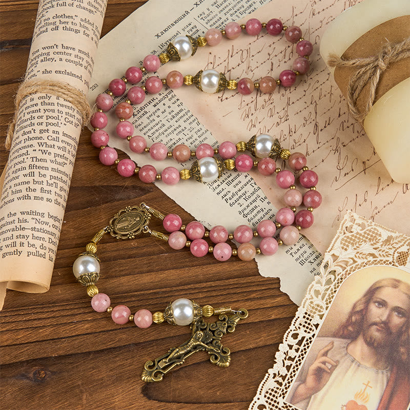 Christianartworkshop Miraculous Medal & Crucifix of 8mm Natural Red Wood Vein Stone Rosary Beads