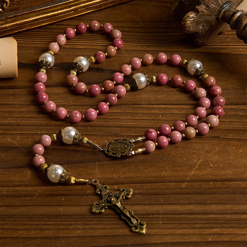 Christianartworkshop Miraculous Medal & Crucifix of 8mm Natural Red Wood Vein Stone Rosary Beads