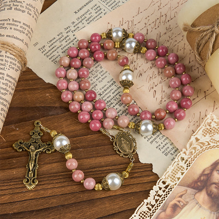 Christianartworkshop Miraculous Medal & Crucifix of 8mm Natural Red Wood Vein Stone Rosary Beads