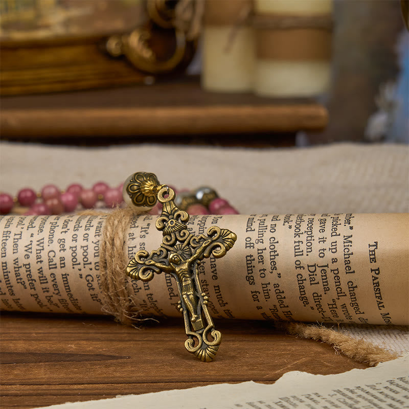 Christianartworkshop Miraculous Medal & Crucifix of 8mm Natural Red Wood Vein Stone Rosary Beads