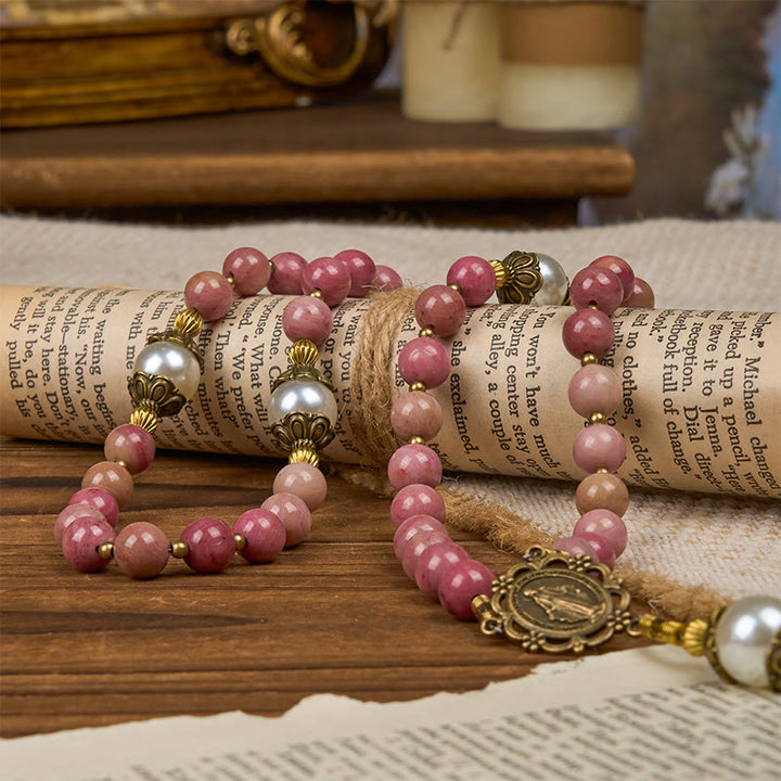 Christianartworkshop Jesus Is The Gift: Natural Red Wood Vein Stone Handmade Rosary with Gift Card - image 12