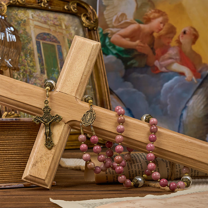 Christianartworkshop Jesus Is The Gift: Natural Red Wood Vein Stone Handmade Rosary with Gift Card - image 16