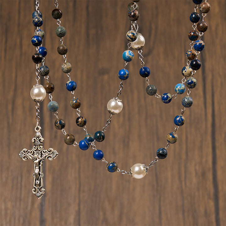 Christianartworkshop Miraculous Medal & Crucifix of 8mm Deep Blue Imperial Stone Rosary for Daily Pray