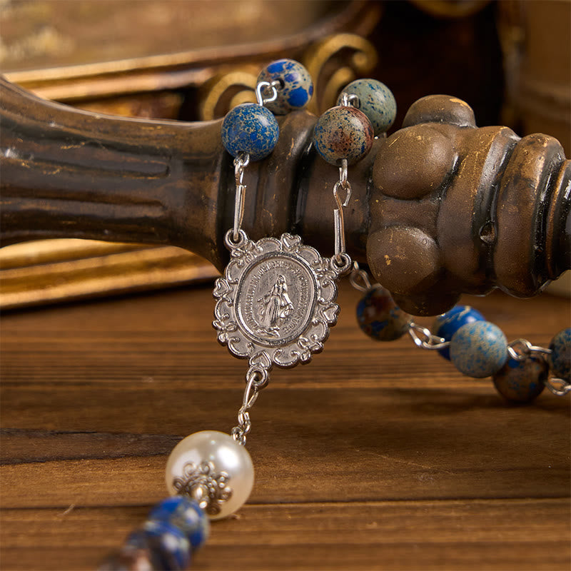 Christianartworkshop Miraculous Medal & Crucifix of 8mm Deep Blue Imperial Stone Rosary for Daily Pray