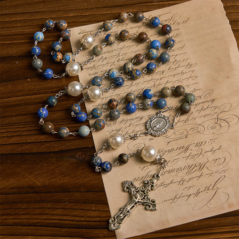 Christianartworkshop Miraculous Medal & Crucifix of 8mm Deep Blue Imperial Stone Rosary for Daily Pray