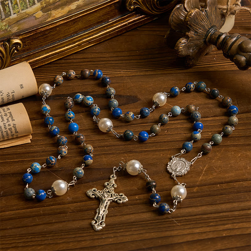 Christianartworkshop Miraculous Medal & Crucifix of 8mm Deep Blue Imperial Stone Rosary for Daily Pray