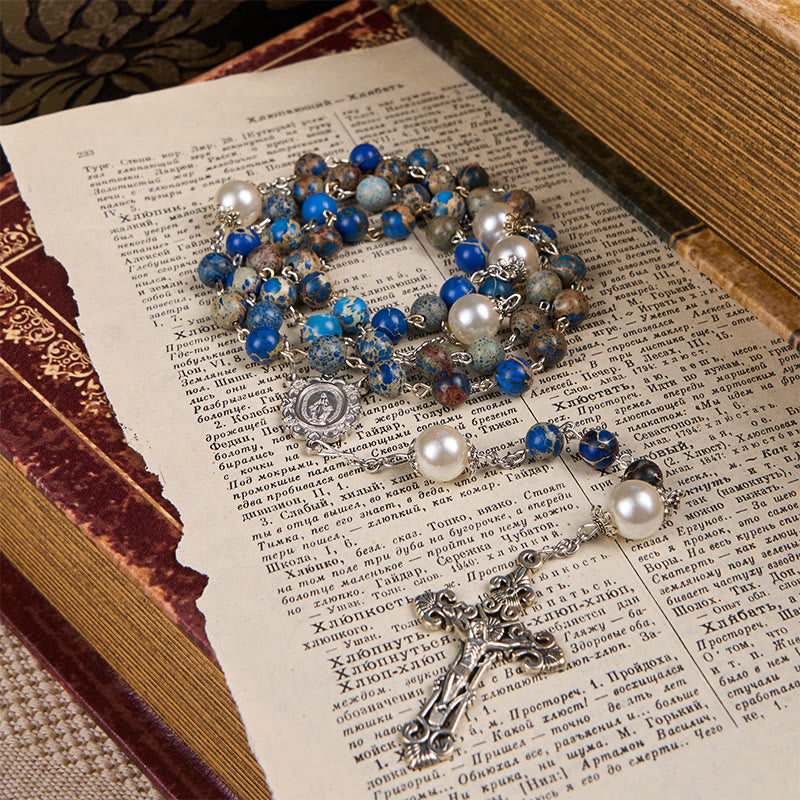 Christianartworkshop Miraculous Medal & Crucifix of 8mm Deep Blue Imperial Stone Rosary for Daily Pray