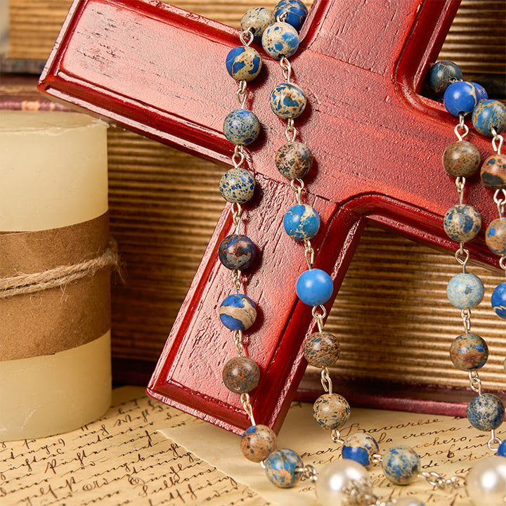 Christianartworkshop Miraculous Medal & Crucifix of 8mm Deep Blue Imperial Stone Rosary for Daily Pray