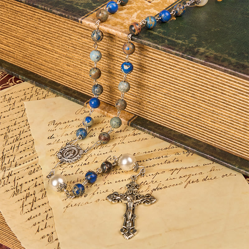 Christianartworkshop Miraculous Medal & Crucifix of 8mm Deep Blue Imperial Stone Rosary for Daily Pray