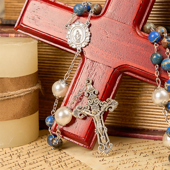 Christianartworkshop Miraculous Medal & Crucifix of 8mm Deep Blue Imperial Stone Rosary for Daily Pray