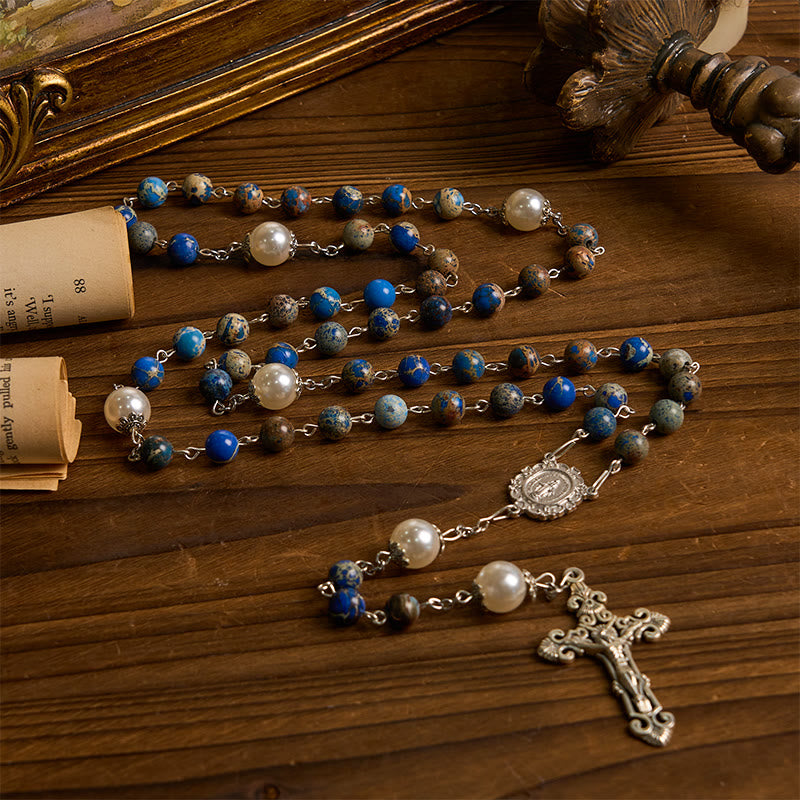 Christianartworkshop Miraculous Medal & Crucifix of 8mm Deep Blue Imperial Stone Rosary for Daily Pray